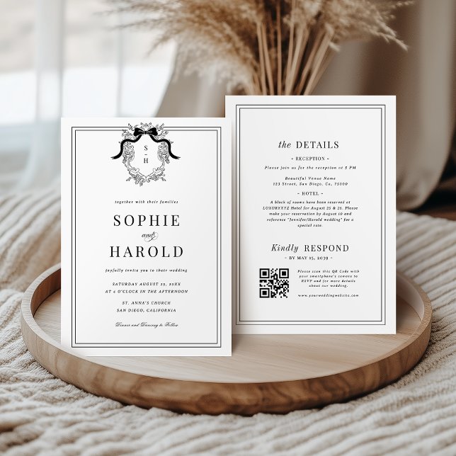 Crest Coquette Bow Monogram All in One Wedding Invitation (Creator Uploaded)