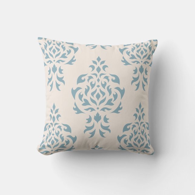 Crest Damask Pattern – Blue on Cream Cushion (Front)