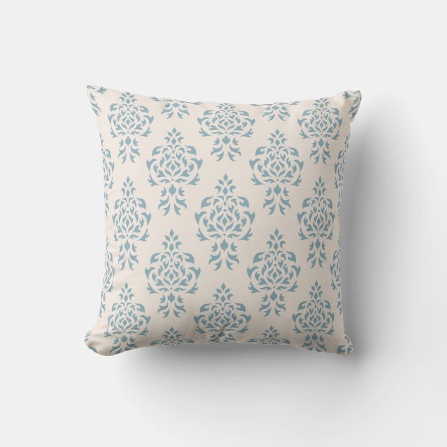 Crest Damask Repeat Pattern – Blue on Cream Cushion (Front)