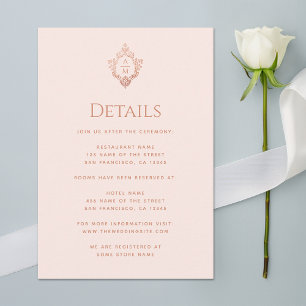 Crest Details Pink Wedding Monogram Rose Gold Enclosure Card