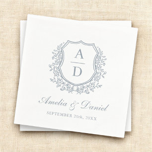 Crest Dusty Blue Elegant Monogram Wedding Napkin