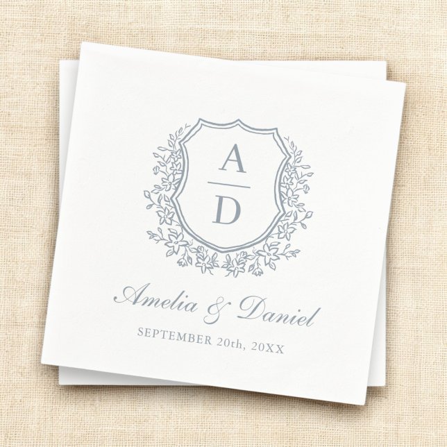 Crest Dusty Blue Elegant Monogram Wedding  Napkin (Creator Uploaded)