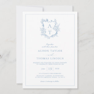 Crest Dusty Blue Monogram QR Code Wedding Invitation