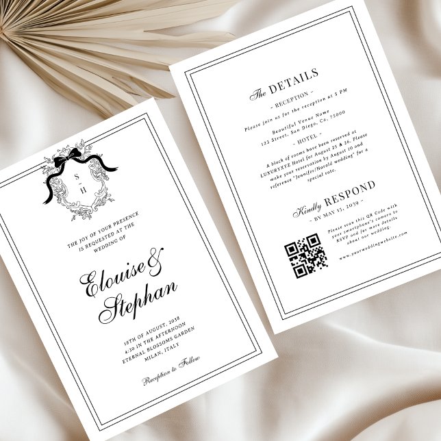 Crest French Bow Monogram All in One Wedding Invitation (Creator Uploaded)