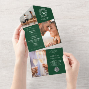 Crest Initial 3 Photo RSVP Emerald Green Wedding All In One Invitation