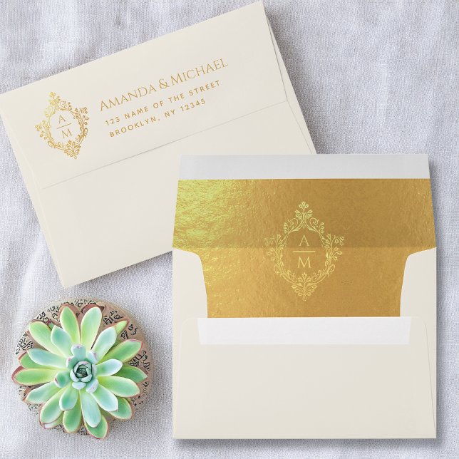Crest Ivory Faux Gold Elegant Monogram 2 Initials Envelope (Creator Uploaded)