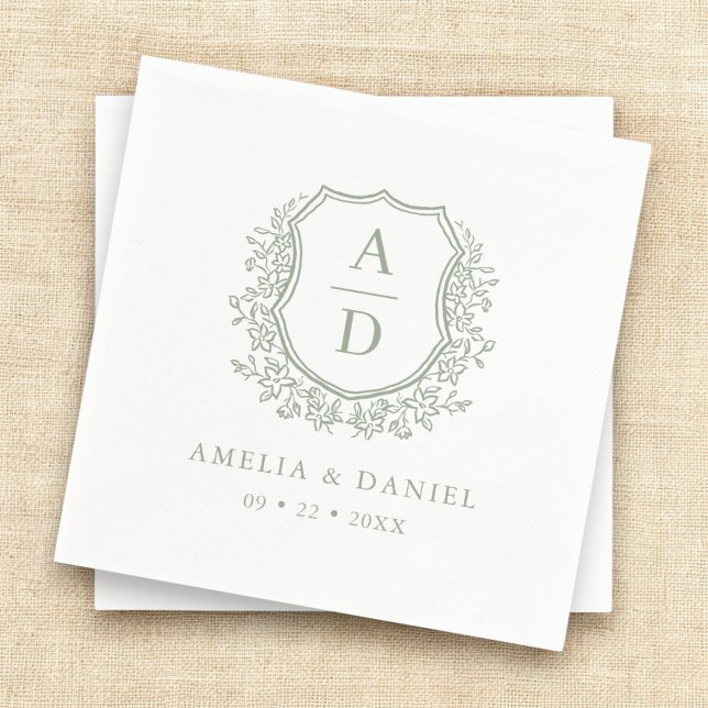 Crest Modern Monogram Wedding Sage Green  Napkin (Creator Uploaded)