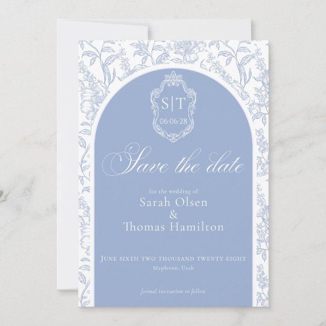 Crest Monogram Blue Chinoiserie Floral Script Save The Date (Front)