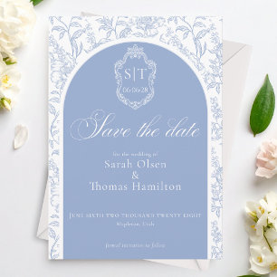 Crest Monogram Blue Chinoiserie Floral Script Save The Date