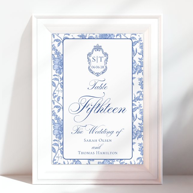 Crest Monogram Blue Floral Script Fifthteen Table Number (Creator Uploaded)