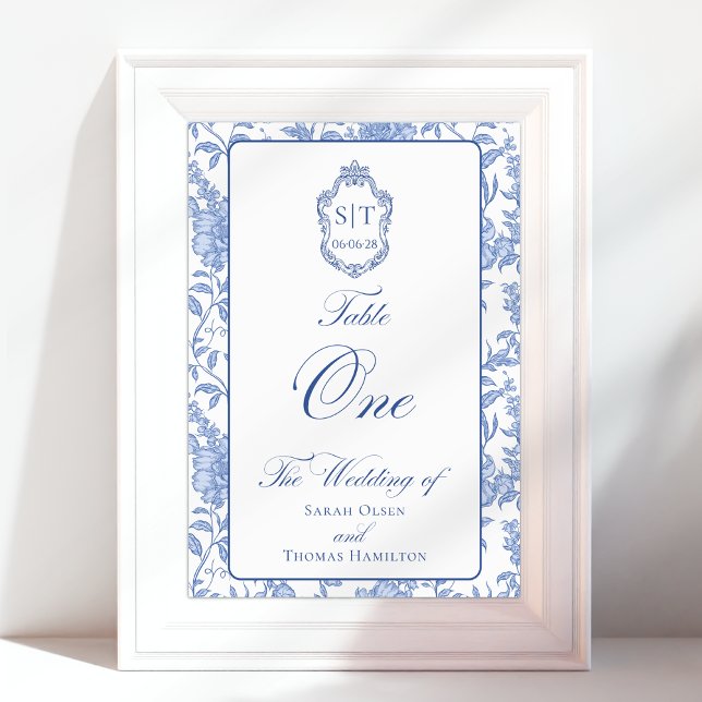 Crest Monogram Blue Floral Script One Table Number (Creator Uploaded)