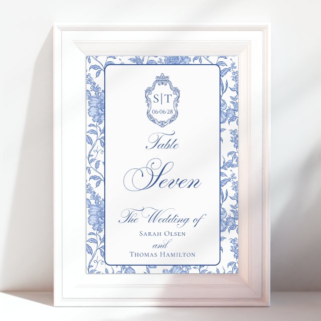 Crest Monogram Blue Floral Script Seven Table Number (Creator Uploaded)