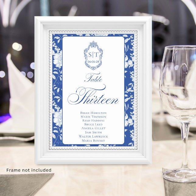 Crest Monogram Blue Floral Script Thirteen 8 Names Table Number (Creator Uploaded)