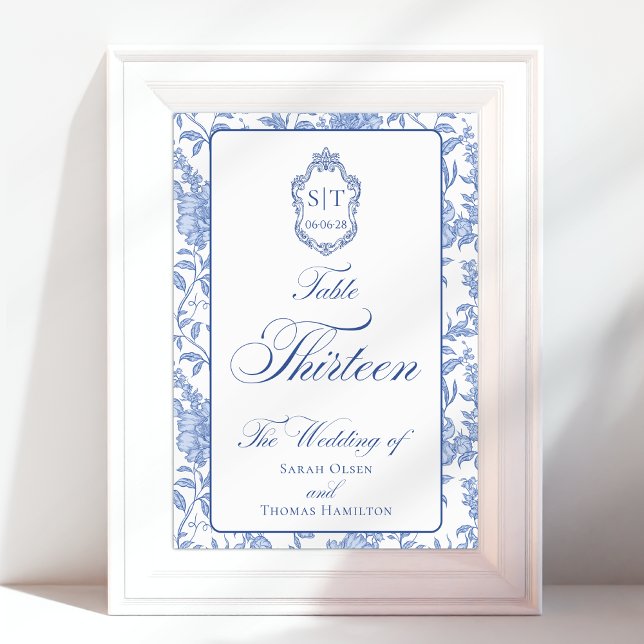 Crest Monogram Blue Floral Script Thirteen Table Number (Creator Uploaded)