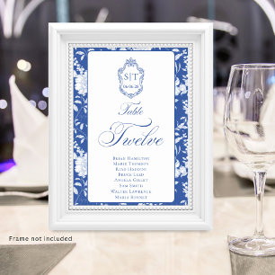 Crest Monogram Blue Floral Script Twelve 8 Names Table Number