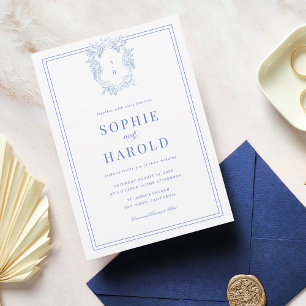 Crest Monogram Blue French All in One Wedding Invitation