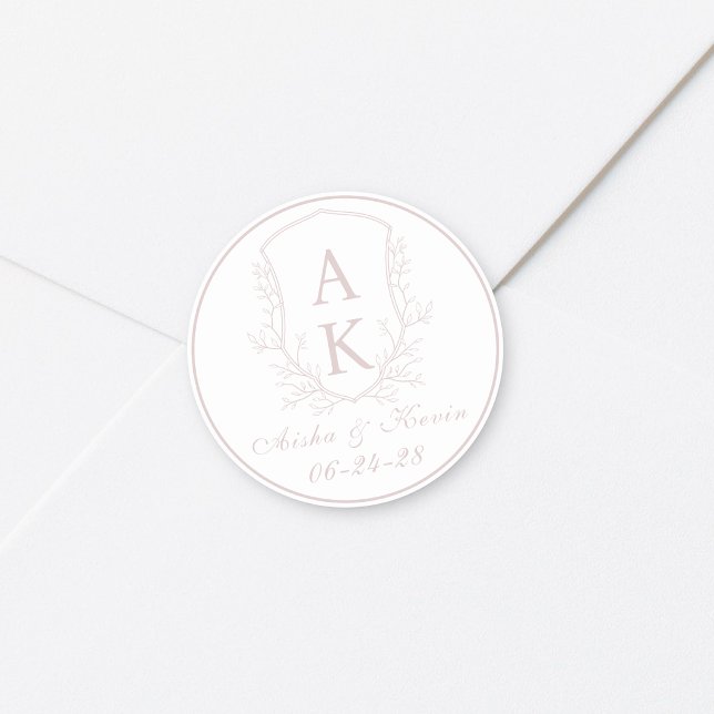 Crest Monogram Blush Pink Wedding Classic Round Sticker (Creator Uploaded)