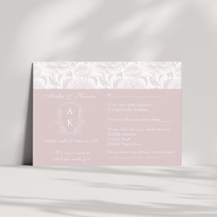 Crest Monogram Blush Pink Wedding landscape RSVP Card