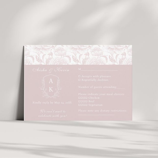 Crest Monogram Blush Pink Wedding landscape RSVP Card (Creator Uploaded)