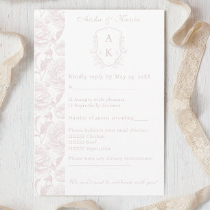 Crest Monogram Blush Pink Wedding RSVP Card
