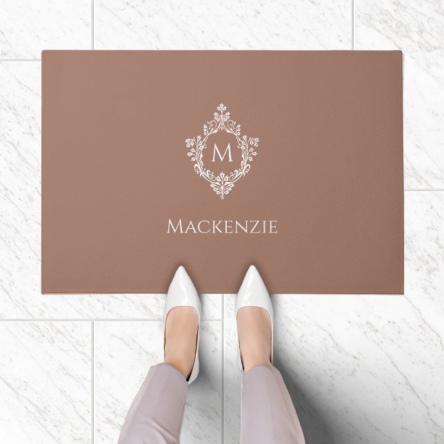 Crest Monogram Brown White Initial & Name elegant  Doormat (Creator Uploaded)