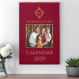 Crest Monogram Burgundy Gold Vintage Family Photo Calendar