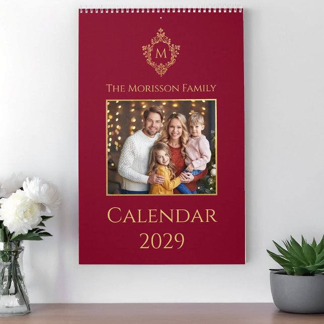 Crest Monogram Burgundy Gold Vintage Family Photo Calendar (Creator Uploaded)