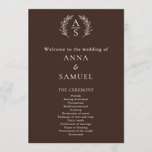 Crest Monogram Chocolate Brown and White Wedding Program