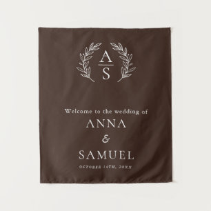 Crest Monogram Chocolate Brown and White Wedding Tapestry