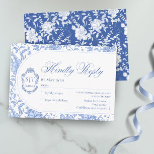 Crest Monogram Delft Blue Floral Script RSVP Card