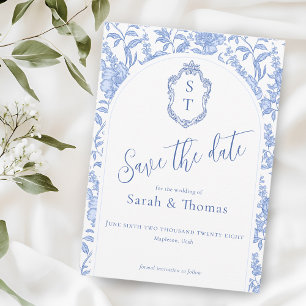 Crest Monogram Delft Blue Floral Script Save The Date