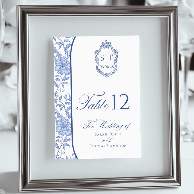 Crest Monogram Delft Blue Floral Script Table Number (Creator Uploaded)