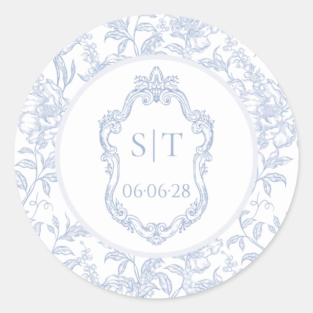 Crest Monogram Dusty Blue Floral Wedding Classic Round Sticker (Front)