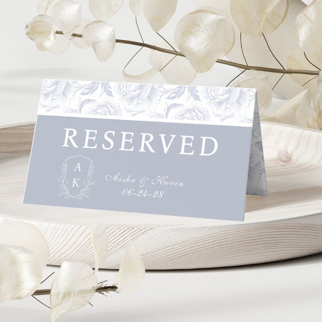 Crest Monogram Dusty Blue Peony Reserved Place Card (Creator Uploaded)