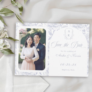 Crest Monogram Dusty Blue Script Photo Save The Date