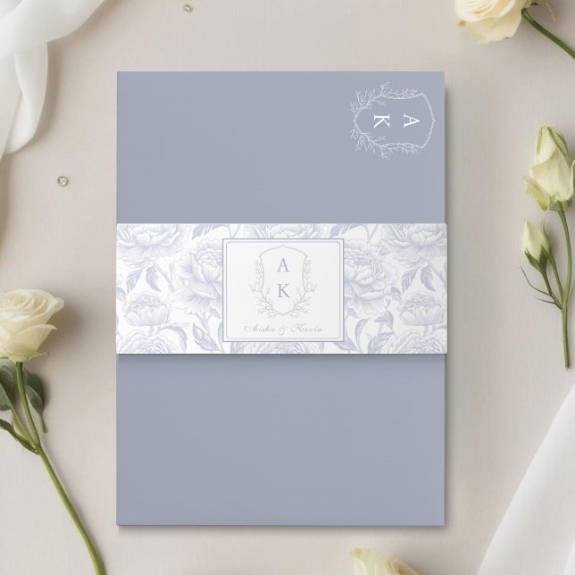 Crest Monogram Dusty Blue Wedding Invitation Belly Band (Creator Uploaded)