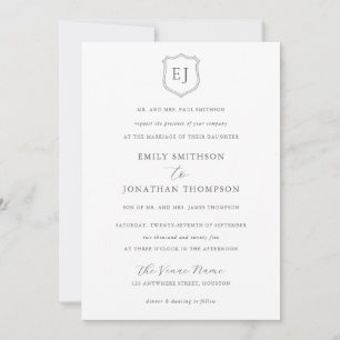 Crest Monogram Initials Grey Text Formal Wedding Invitation