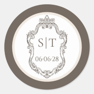 Crest Monogram Mocha And Cream Wedding Classic Round Sticker
