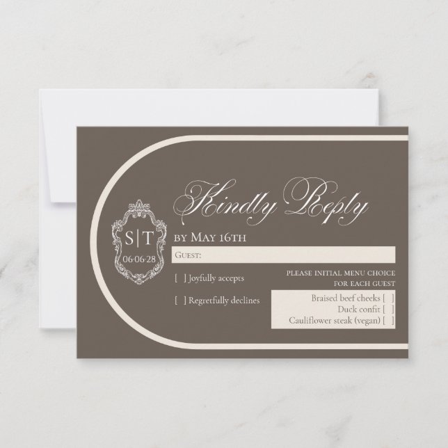Crest Monogram Mocha And Cream Wedding RSVP Card (Front)