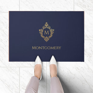 Crest Monogram Navy Blue Faux Gold Elegant Initial Doormat