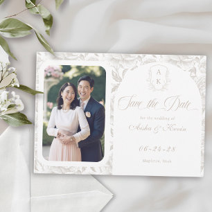 Crest Monogram Pale Taupe Script Photo Save The Date