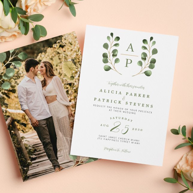 Crest monogram sage eucalyptus photo wedding  invitation (Creator Uploaded)