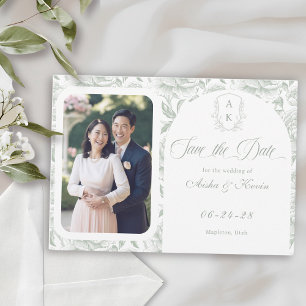 Crest Monogram Sage Green Script Photo Save The Date