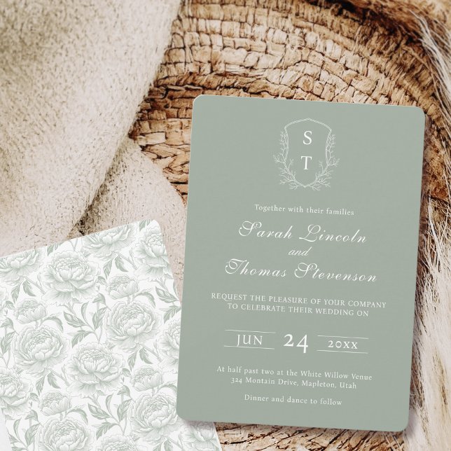 Crest Monogram Sage Green Wedding Invitation (Creator Uploaded)