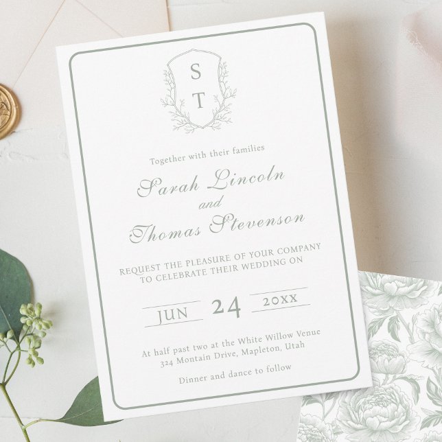 Crest Monogram Sage Green Wedding Invitation (Creator Uploaded)