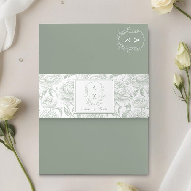 Crest Monogram Sage Green Wedding Invitation Belly Band (Creator Uploaded)