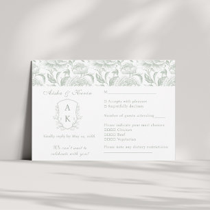 Crest Monogram Sage Green Wedding landscape RSVP Card