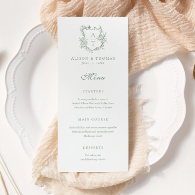 Crest Monogram Sage Green Wedding Menu (Creator Uploaded)