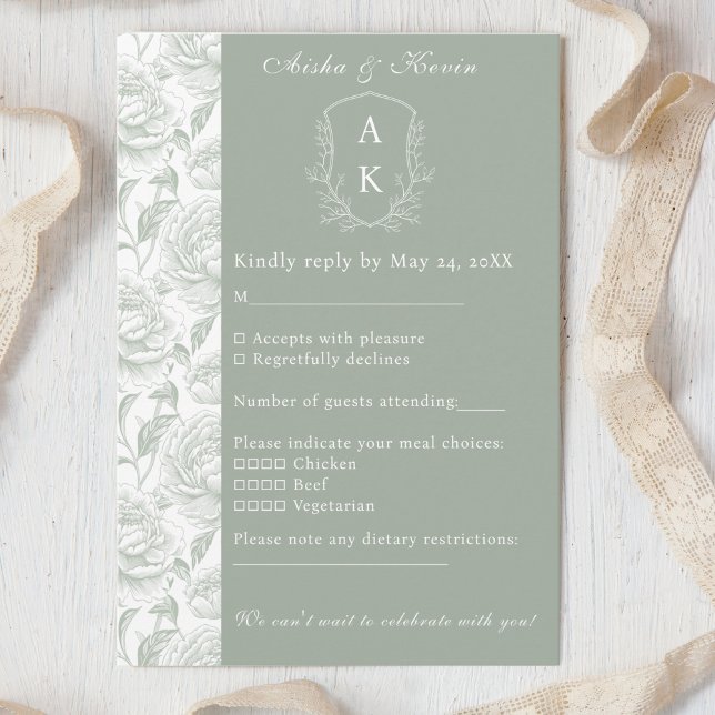 Crest Monogram Sage Green Wedding RSVP Card (Creator Uploaded)