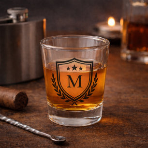 Crest Monogram Shield and Laurel Design  Shot Glass